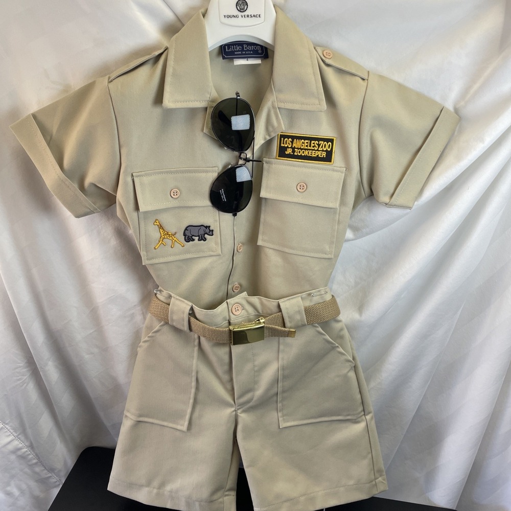 Little Baron Unisex Kids LA Zoo Jr Zookeeper Safari Shorts Shirt Tan Beige Sz 4